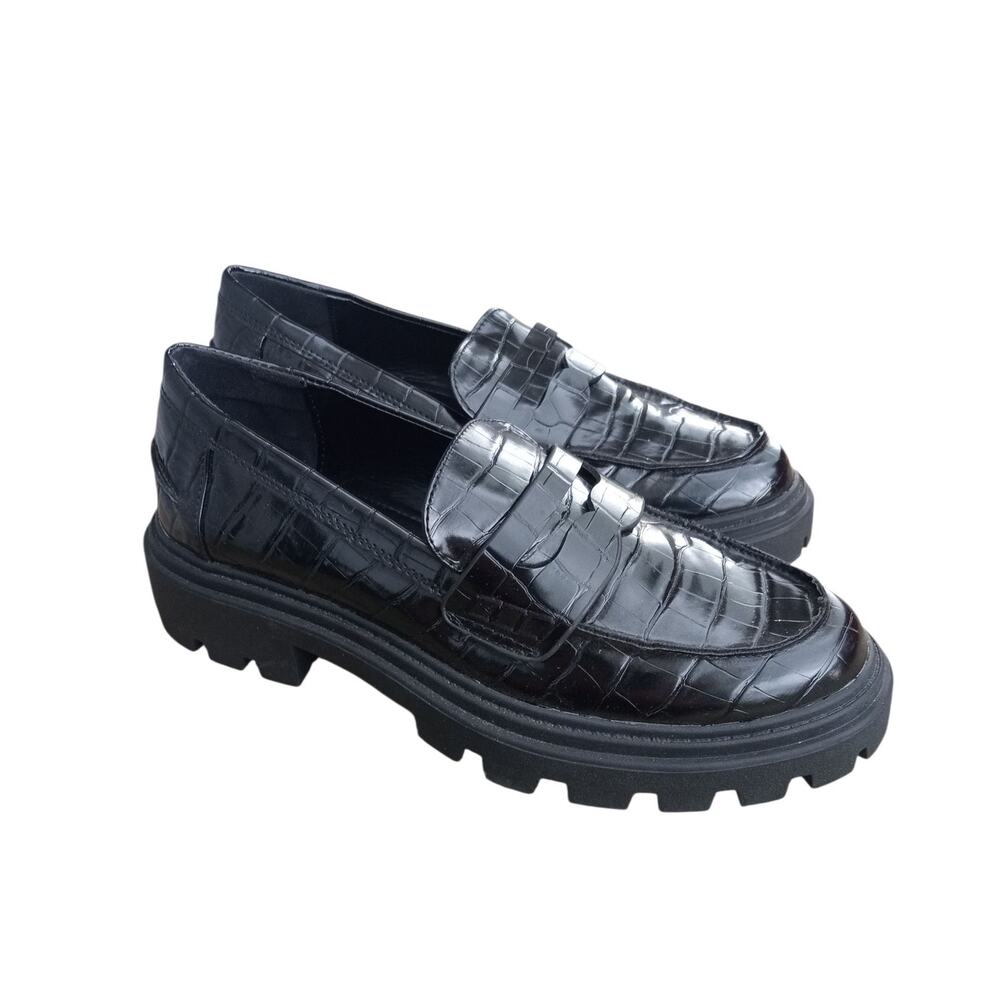 Just Fab Women's 8.5 Colette Lug Sole Loafer Black Slip-On Block Heel